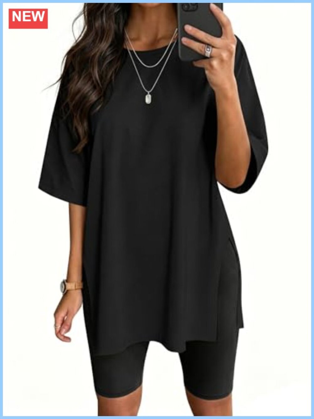 Oversized Women's Cotton Blend Short Sleeve Crew Neck Split Hem Tee